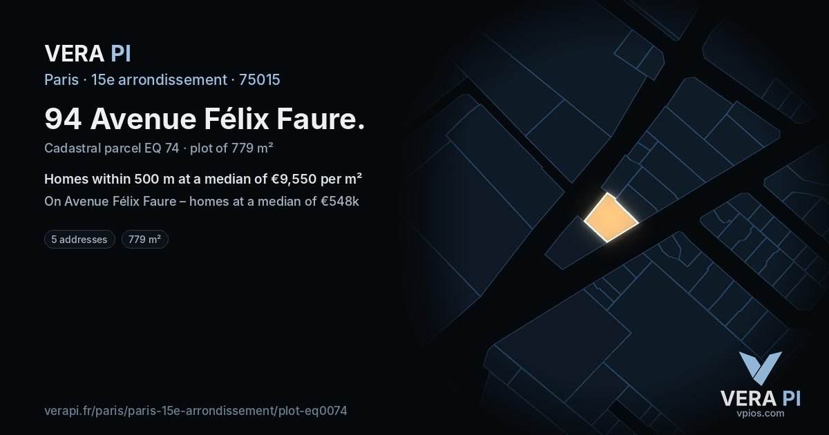 94 Avenue Félix Faure, 15e arrondissement at night – the plot lit, the parcels around coloured by the prices near them