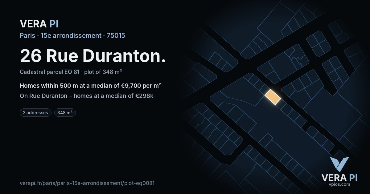26 Rue Duranton, 15e arrondissement at night – the plot lit, the parcels around coloured by the prices near them