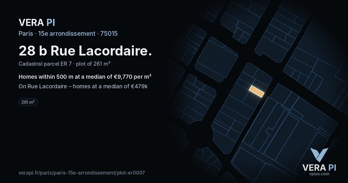 28 b Rue Lacordaire, 15e arrondissement at night – the plot lit, the parcels around coloured by the prices near them