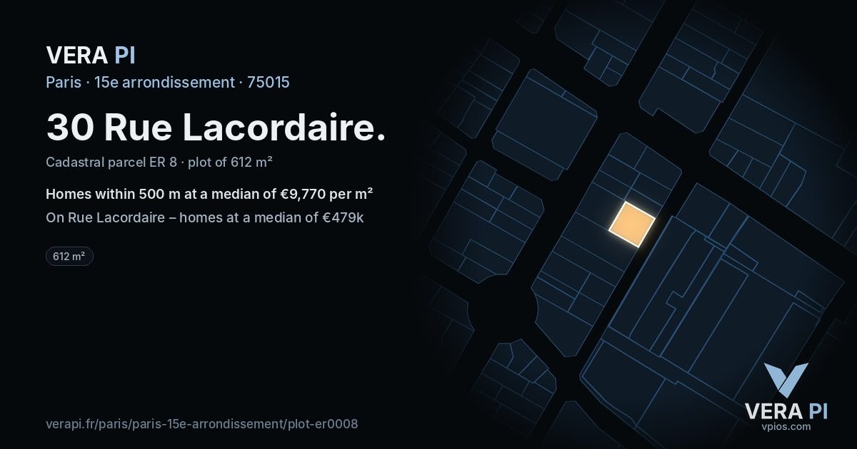 30 Rue Lacordaire, 15e arrondissement at night – the plot lit, the parcels around coloured by the prices near them