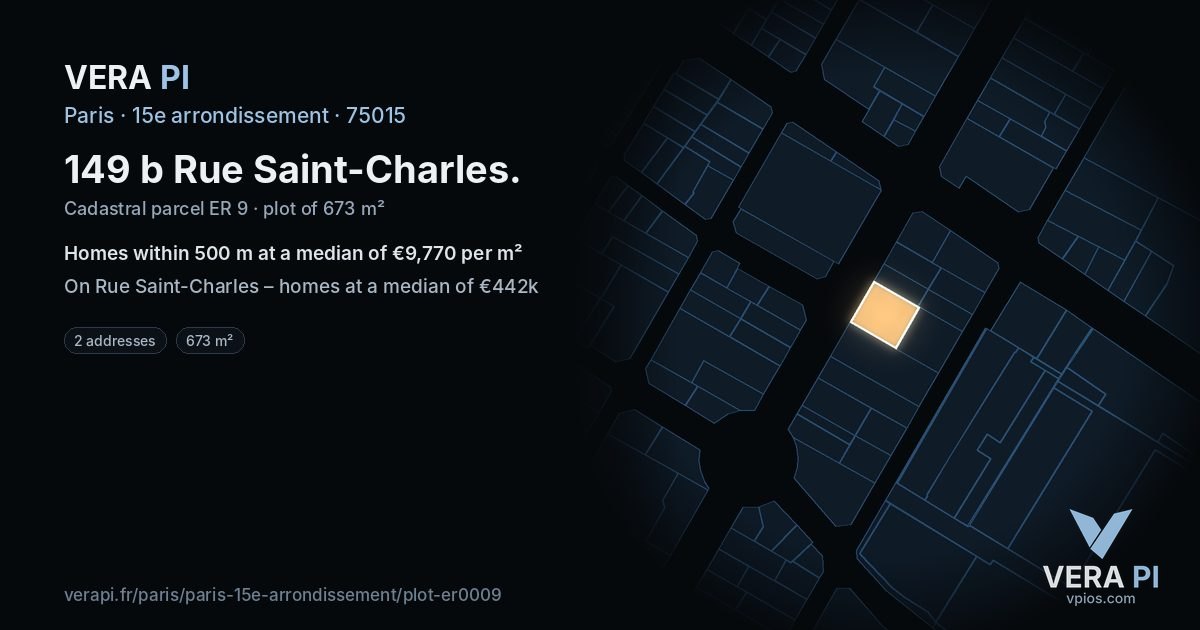 149 b Rue Saint-Charles, 15e arrondissement at night – the plot lit, the parcels around coloured by the prices near them