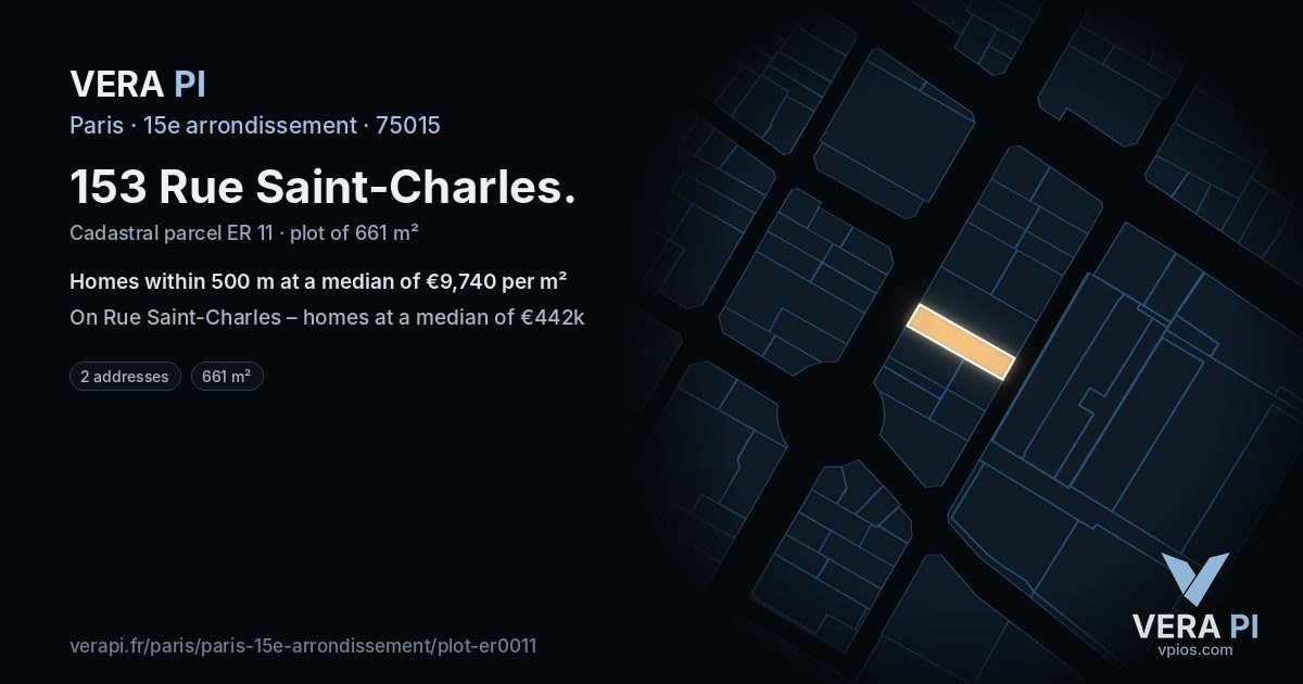 153 Rue Saint-Charles, 15e arrondissement at night – the plot lit, the parcels around coloured by the prices near them