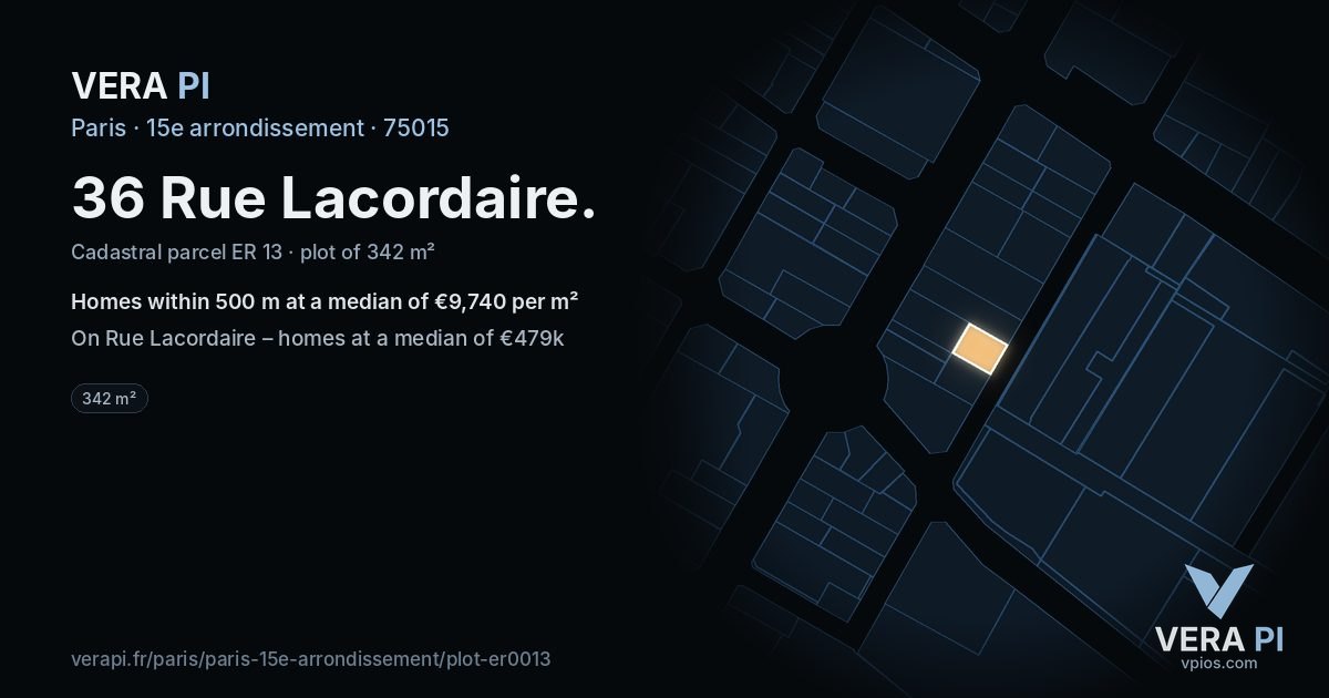 36 Rue Lacordaire, 15e arrondissement at night – the plot lit, the parcels around coloured by the prices near them