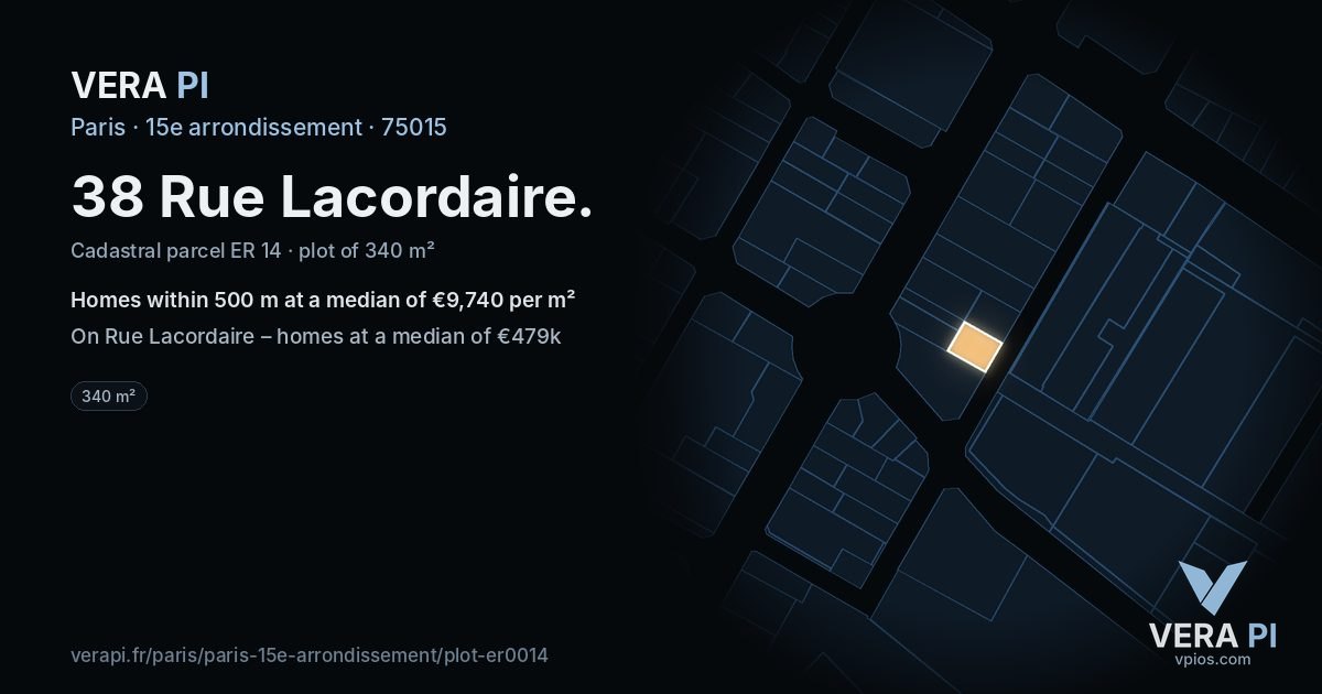 38 Rue Lacordaire, 15e arrondissement at night – the plot lit, the parcels around coloured by the prices near them