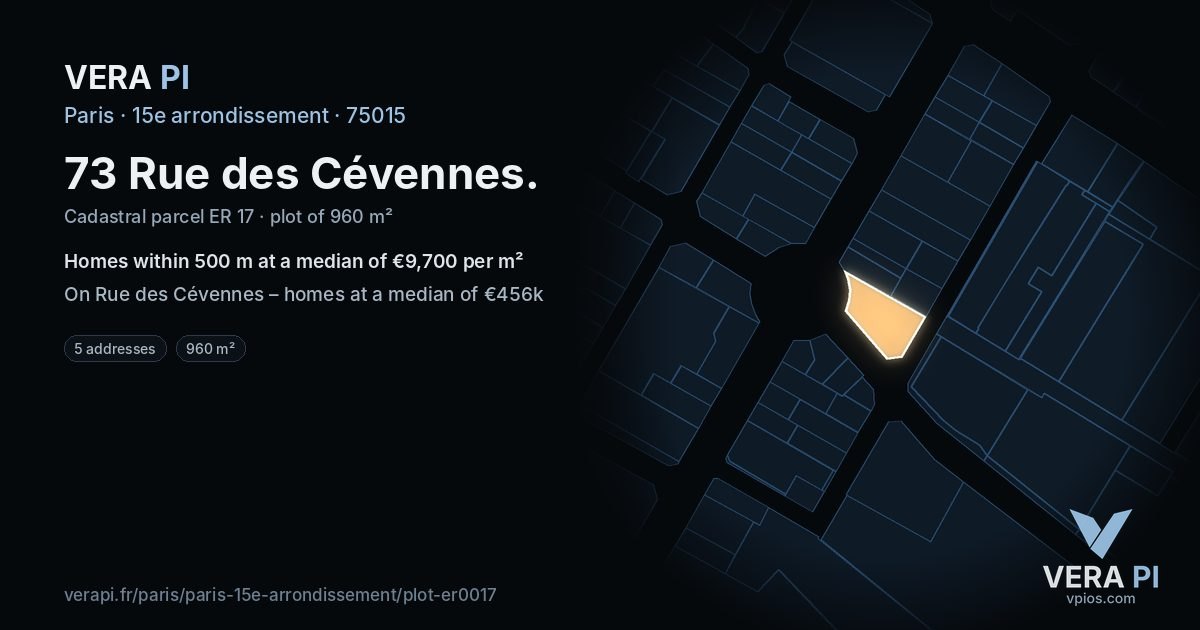73 Rue des Cévennes, 15e arrondissement at night – the plot lit, the parcels around coloured by the prices near them