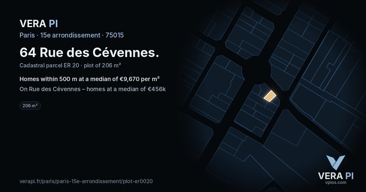 64 Rue des Cévennes, 15e arrondissement at night – the plot lit, the parcels around coloured by the prices near them