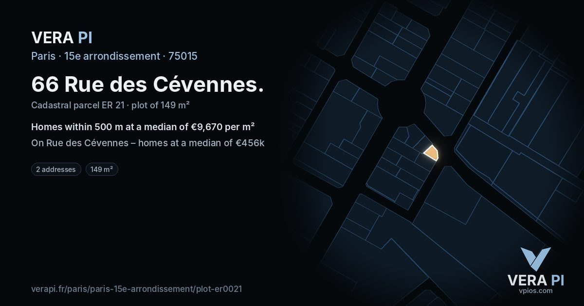 66 Rue des Cévennes, 15e arrondissement at night – the plot lit, the parcels around coloured by the prices near them