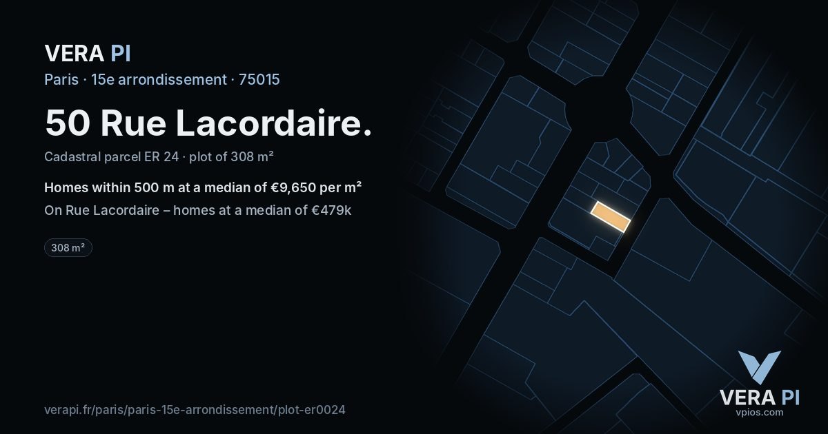 50 Rue Lacordaire, 15e arrondissement at night – the plot lit, the parcels around coloured by the prices near them