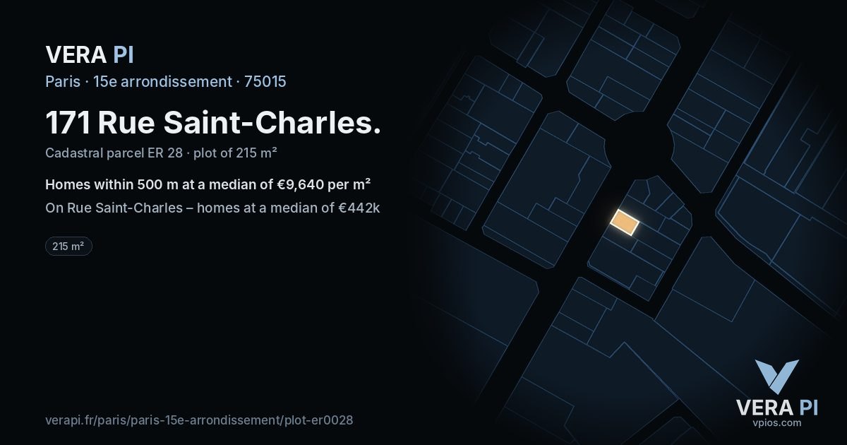 171 Rue Saint-Charles, 15e arrondissement at night – the plot lit, the parcels around coloured by the prices near them