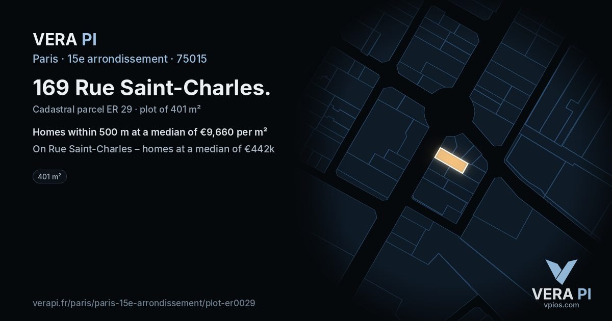 169 Rue Saint-Charles, 15e arrondissement at night – the plot lit, the parcels around coloured by the prices near them