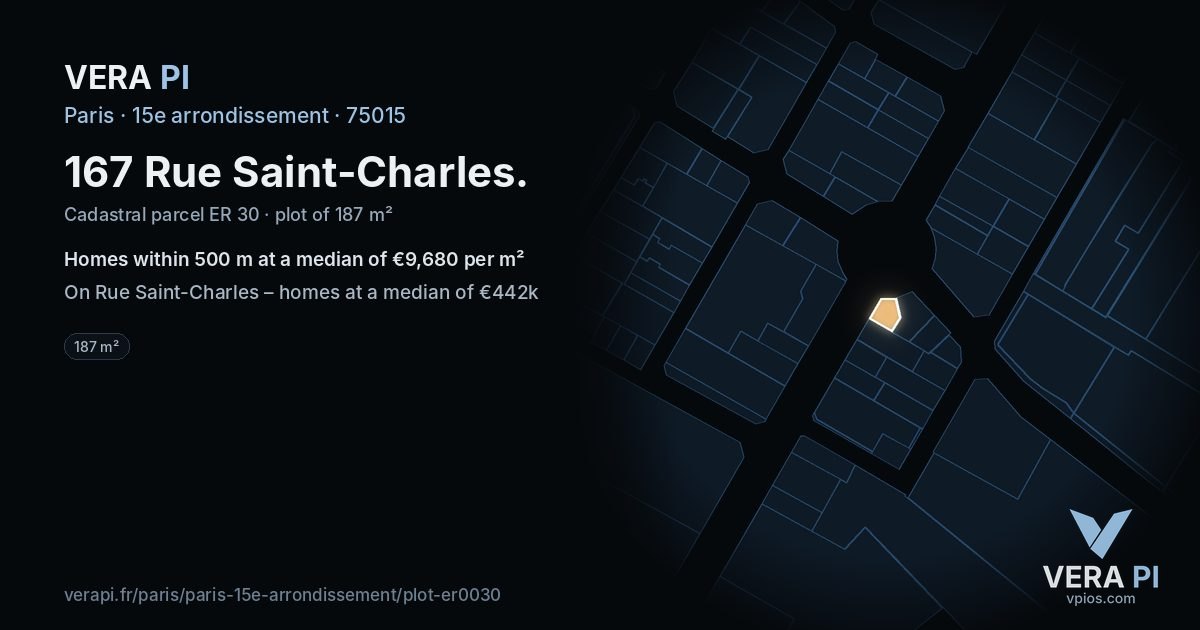 167 Rue Saint-Charles, 15e arrondissement at night – the plot lit, the parcels around coloured by the prices near them