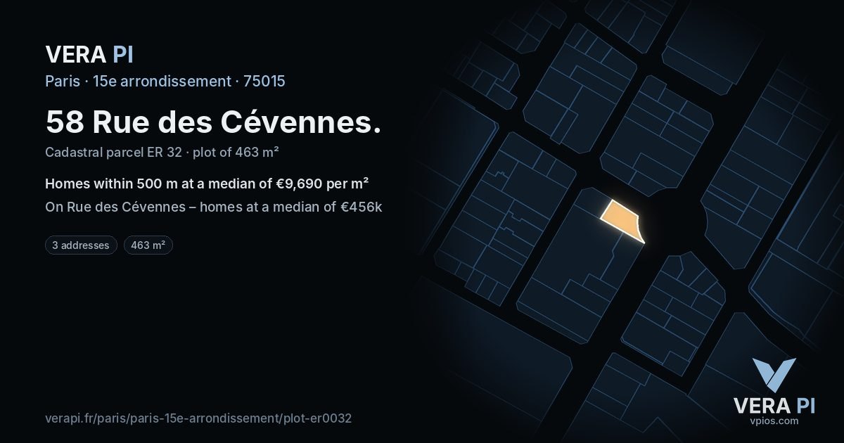 58 Rue des Cévennes, 15e arrondissement at night – the plot lit, the parcels around coloured by the prices near them