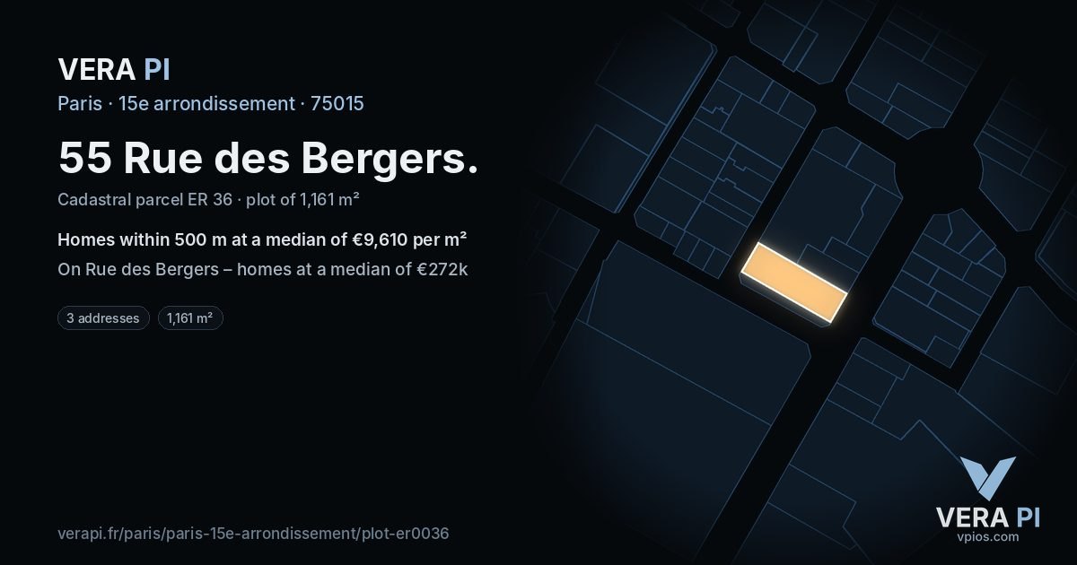 55 Rue des Bergers, 15e arrondissement at night – the plot lit, the parcels around coloured by the prices near them