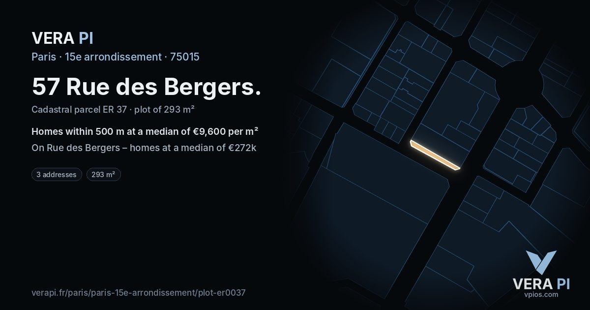 57 Rue des Bergers, 15e arrondissement at night – the plot lit, the parcels around coloured by the prices near them
