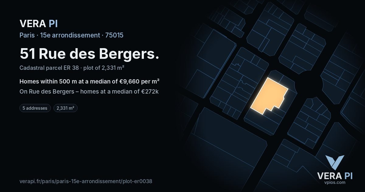 51 Rue des Bergers, 15e arrondissement at night – the plot lit, the parcels around coloured by the prices near them