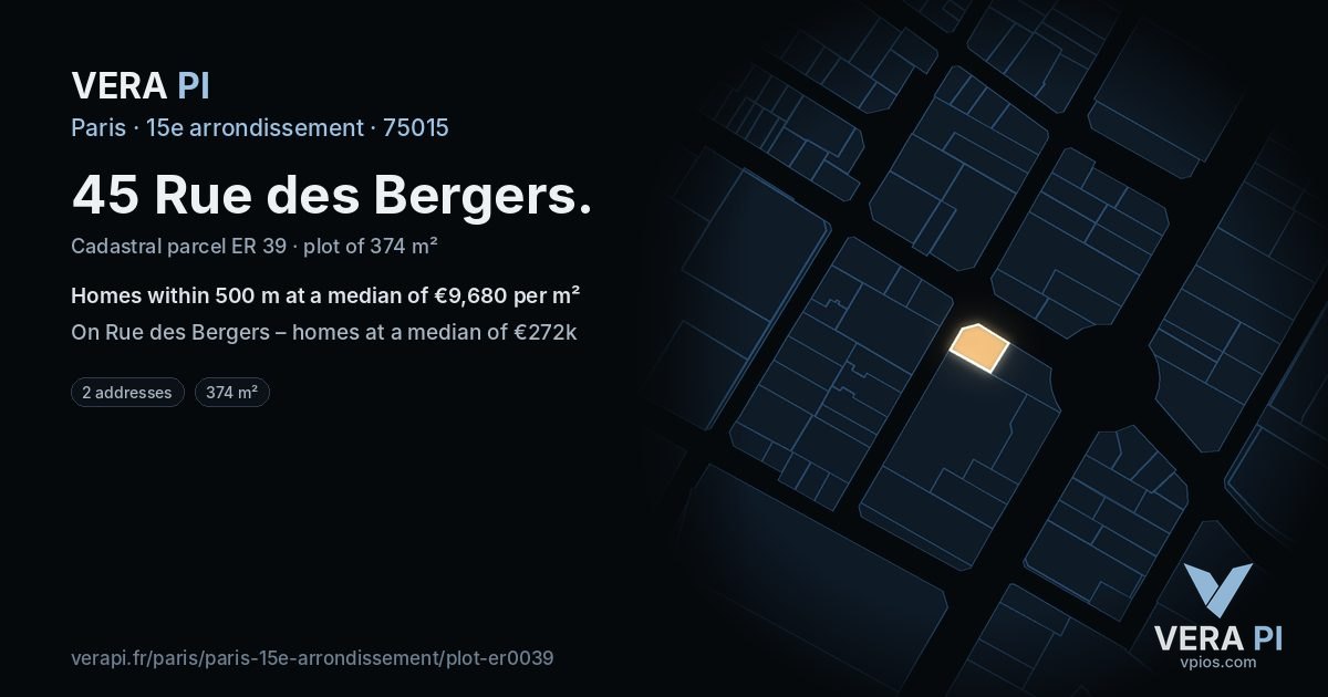 45 Rue des Bergers, 15e arrondissement at night – the plot lit, the parcels around coloured by the prices near them