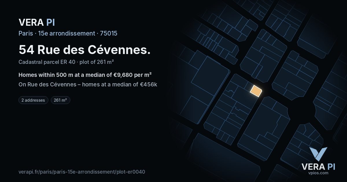 54 Rue des Cévennes, 15e arrondissement at night – the plot lit, the parcels around coloured by the prices near them