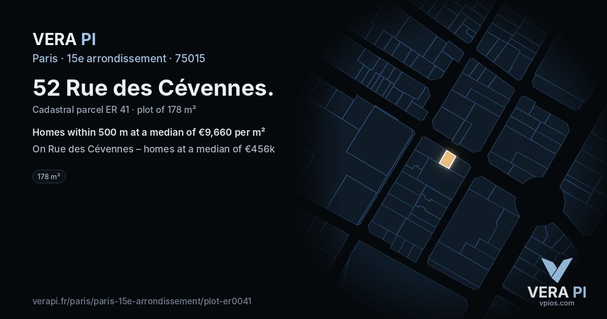 52 Rue des Cévennes, 15e arrondissement at night – the plot lit, the parcels around coloured by the prices near them