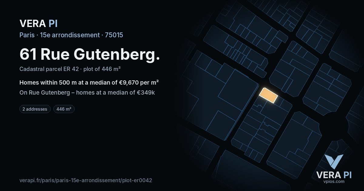 61 Rue Gutenberg, 15e arrondissement at night – the plot lit, the parcels around coloured by the prices near them