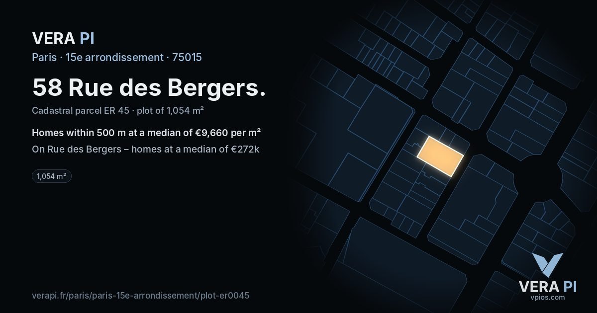 58 Rue des Bergers, 15e arrondissement at night – the plot lit, the parcels around coloured by the prices near them