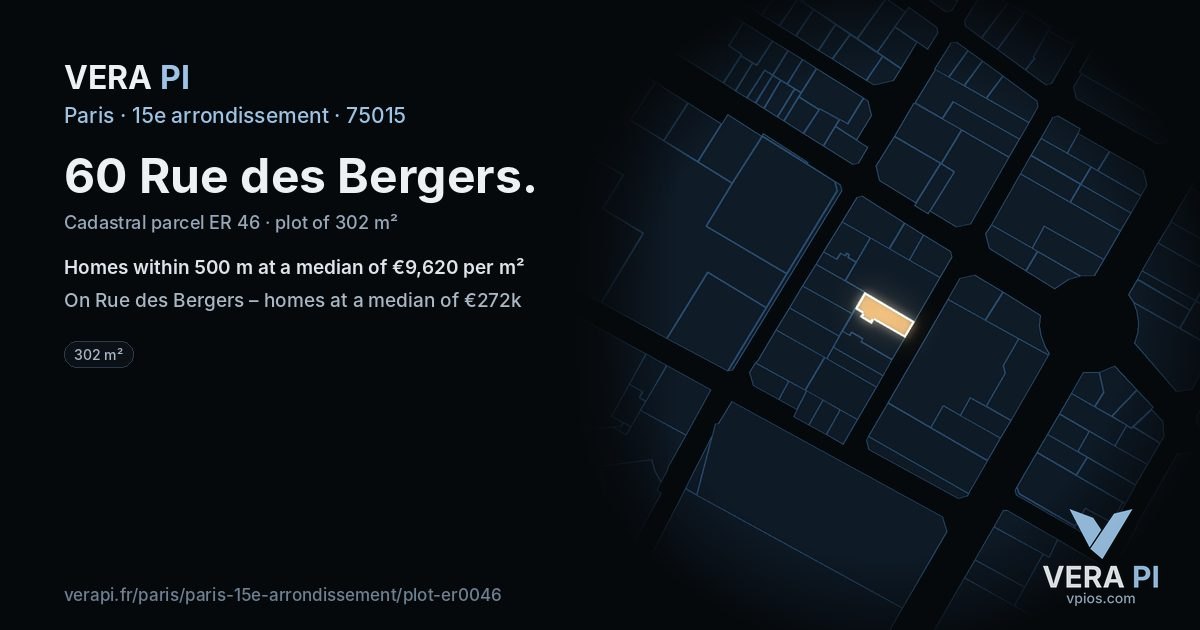 60 Rue des Bergers, 15e arrondissement at night – the plot lit, the parcels around coloured by the prices near them