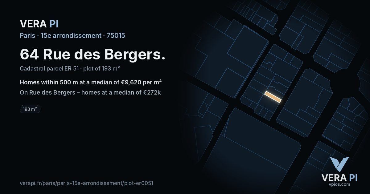 64 Rue des Bergers, 15e arrondissement at night – the plot lit, the parcels around coloured by the prices near them
