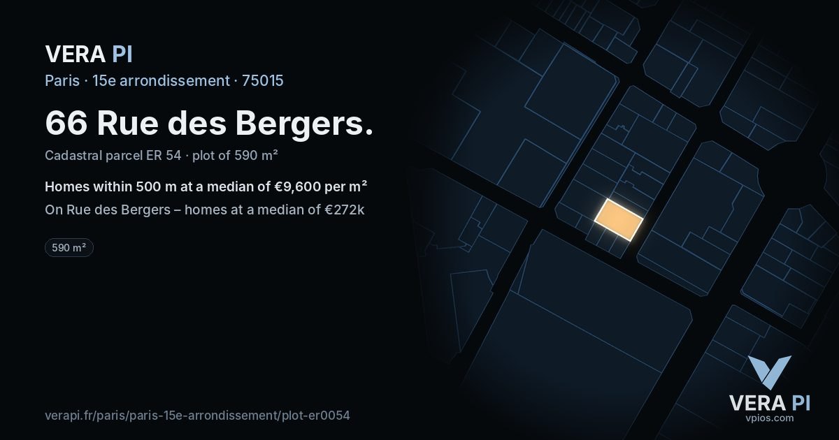 66 Rue des Bergers, 15e arrondissement at night – the plot lit, the parcels around coloured by the prices near them