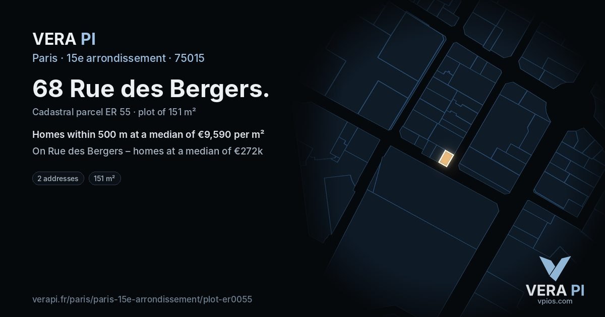 68 Rue des Bergers, 15e arrondissement at night – the plot lit, the parcels around coloured by the prices near them