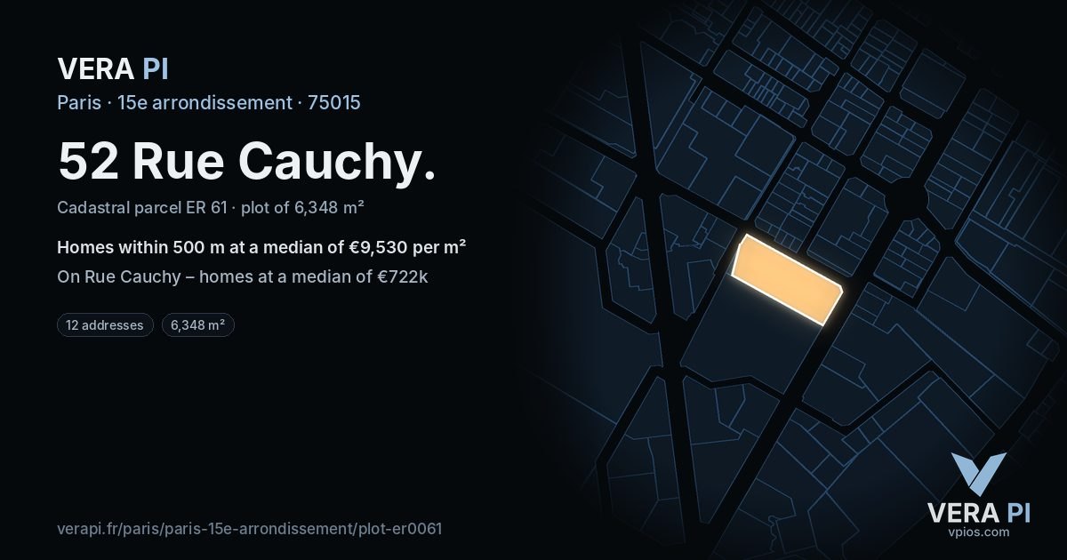 52 Rue Cauchy, 15e arrondissement at night – the plot lit, the parcels around coloured by the prices near them