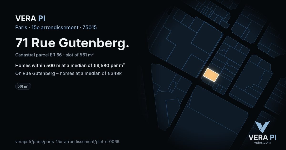 71 Rue Gutenberg, 15e arrondissement at night – the plot lit, the parcels around coloured by the prices near them