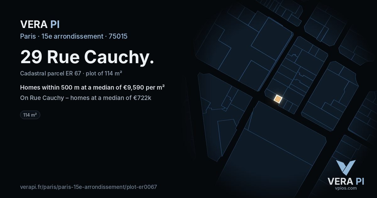 29 Rue Cauchy, 15e arrondissement at night – the plot lit, the parcels around coloured by the prices near them
