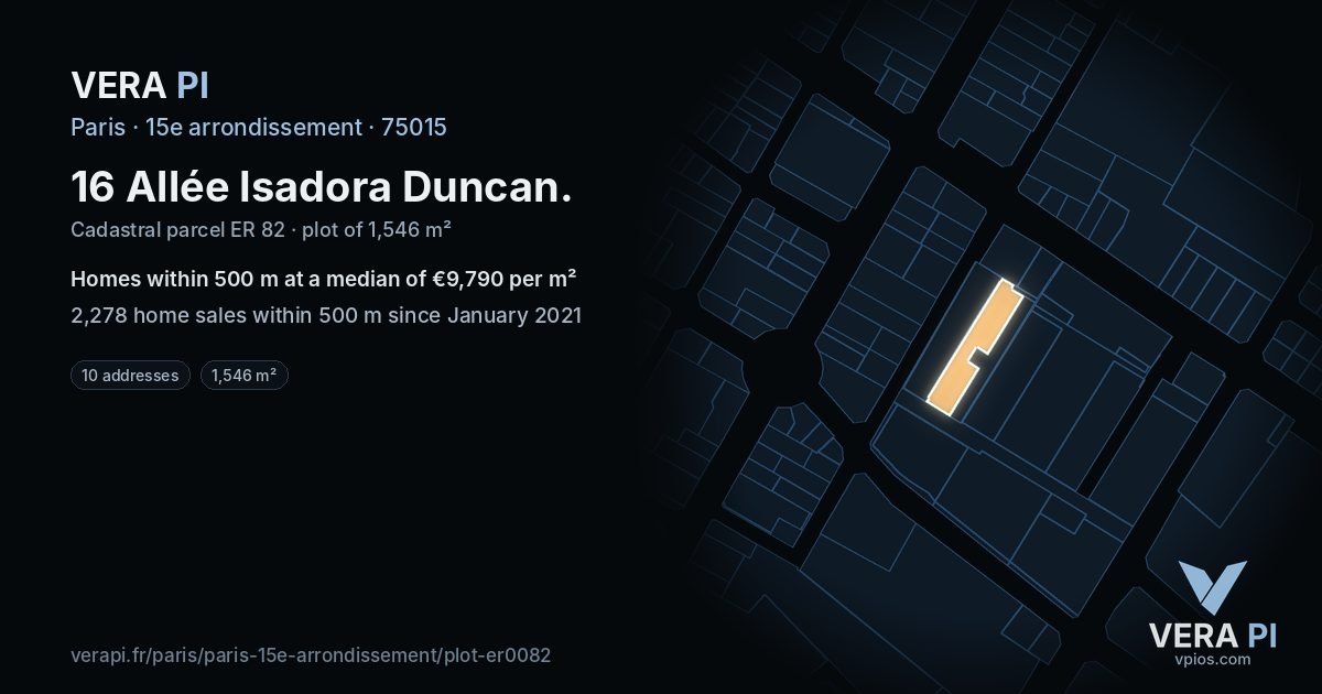 16 Allée Isadora Duncan, 15e arrondissement at night – the plot lit, the parcels around coloured by the prices near them