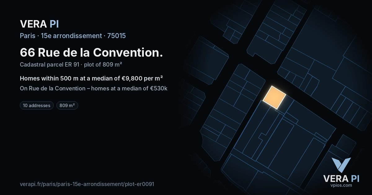 66 Rue de la Convention, 15e arrondissement at night – the plot lit, the parcels around coloured by the prices near them