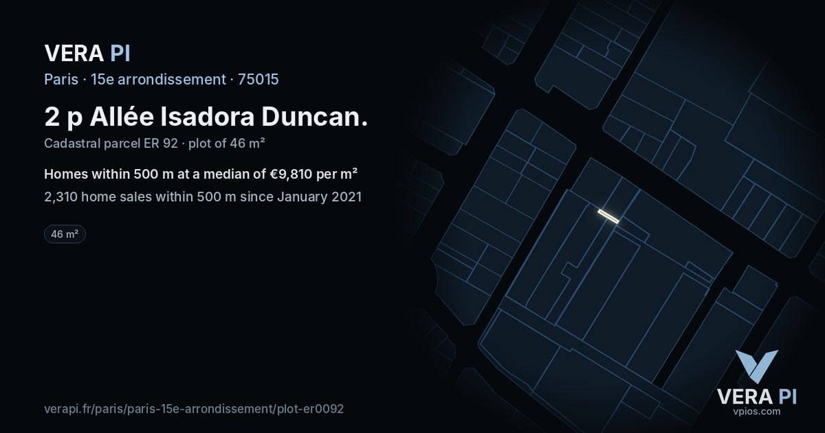 2 p Allée Isadora Duncan, 15e arrondissement at night – the plot lit, the parcels around coloured by the prices near them