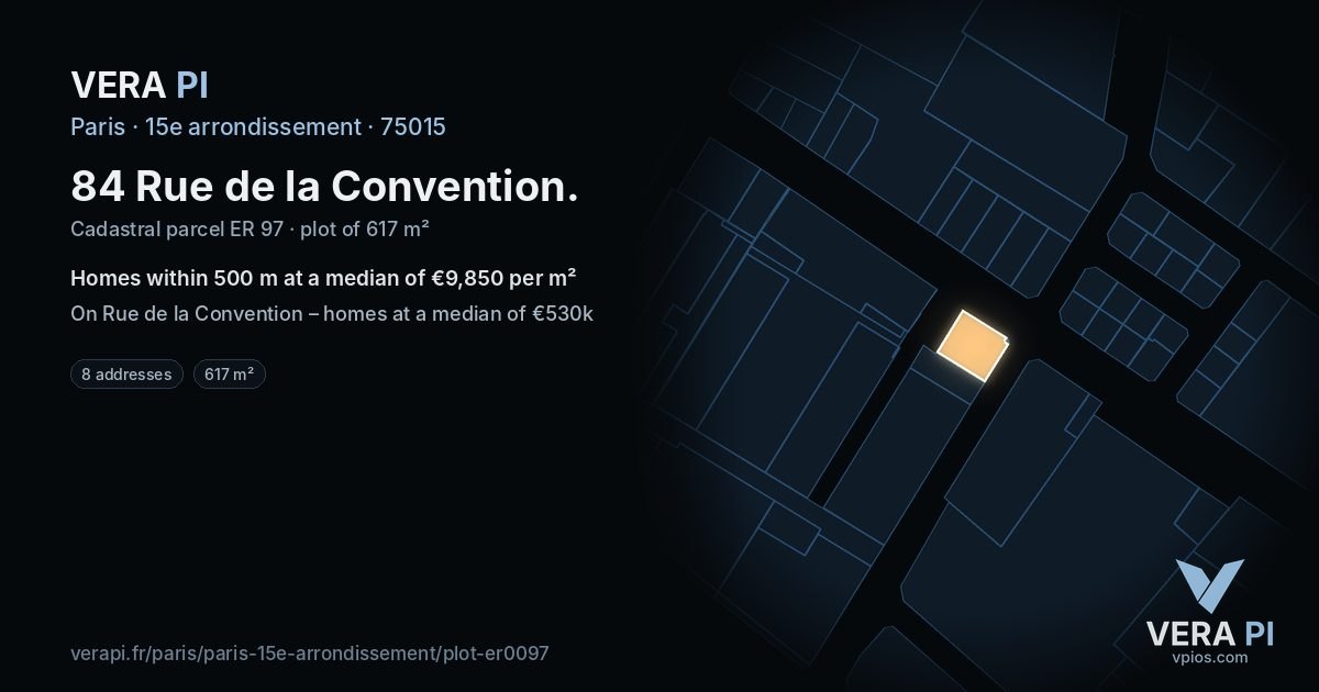 84 Rue de la Convention, 15e arrondissement at night – the plot lit, the parcels around coloured by the prices near them