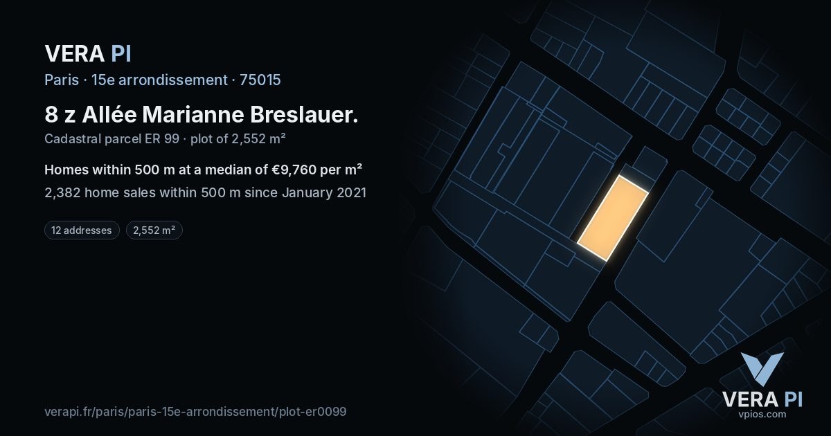 8 z Allée Marianne Breslauer, 15e arrondissement at night – the plot lit, the parcels around coloured by the prices near them