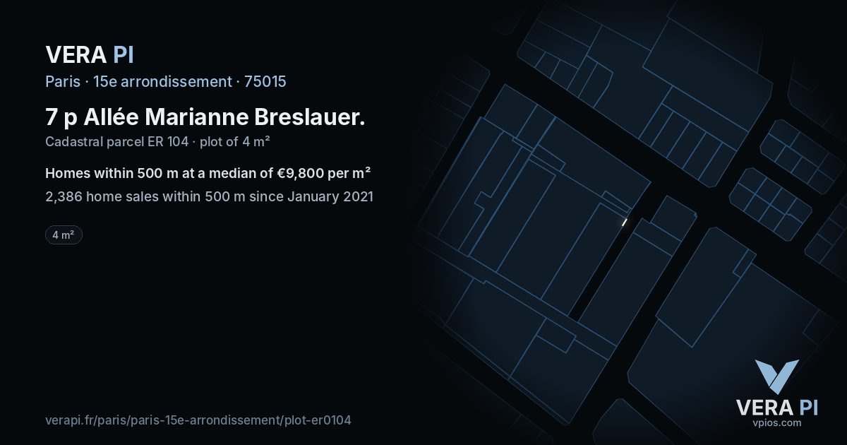 7 p Allée Marianne Breslauer, 15e arrondissement at night – the plot lit, the parcels around coloured by the prices near them