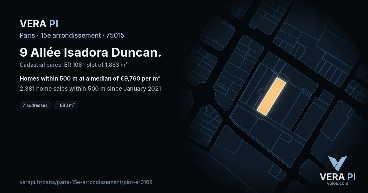 9 Allée Isadora Duncan, 15e arrondissement at night – the plot lit, the parcels around coloured by the prices near them