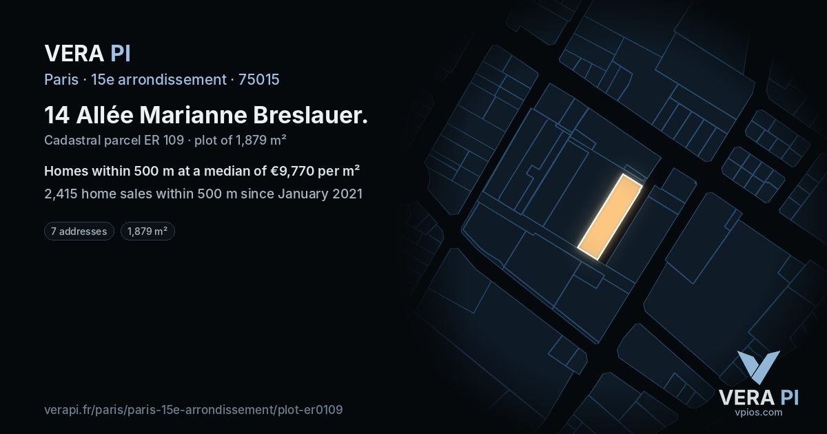 14 Allée Marianne Breslauer, 15e arrondissement at night – the plot lit, the parcels around coloured by the prices near them