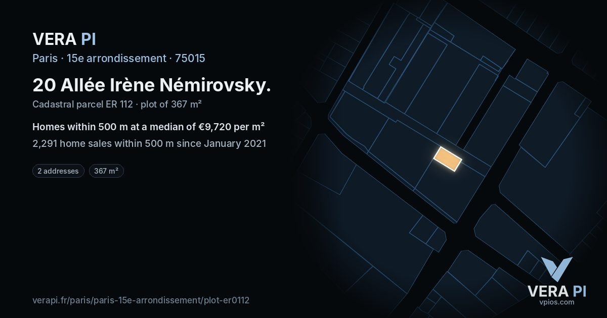 20 Allée Irène Némirovsky, 15e arrondissement at night – the plot lit, the parcels around coloured by the prices near them
