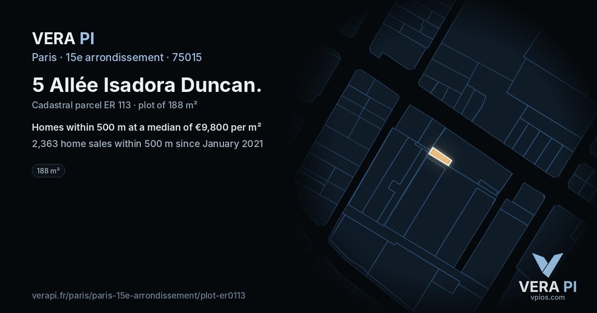 5 Allée Isadora Duncan, 15e arrondissement at night – the plot lit, the parcels around coloured by the prices near them