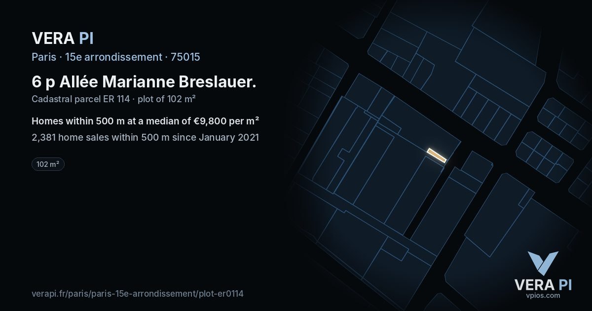 6 p Allée Marianne Breslauer, 15e arrondissement at night – the plot lit, the parcels around coloured by the prices near them