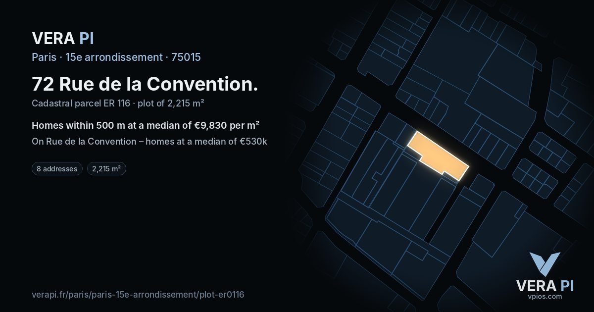 72 Rue de la Convention, 15e arrondissement at night – the plot lit, the parcels around coloured by the prices near them