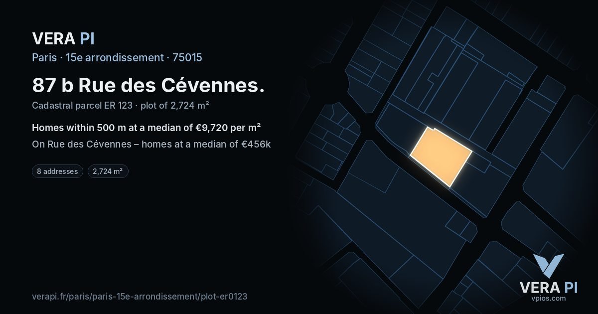 87 b Rue des Cévennes, 15e arrondissement at night – the plot lit, the parcels around coloured by the prices near them