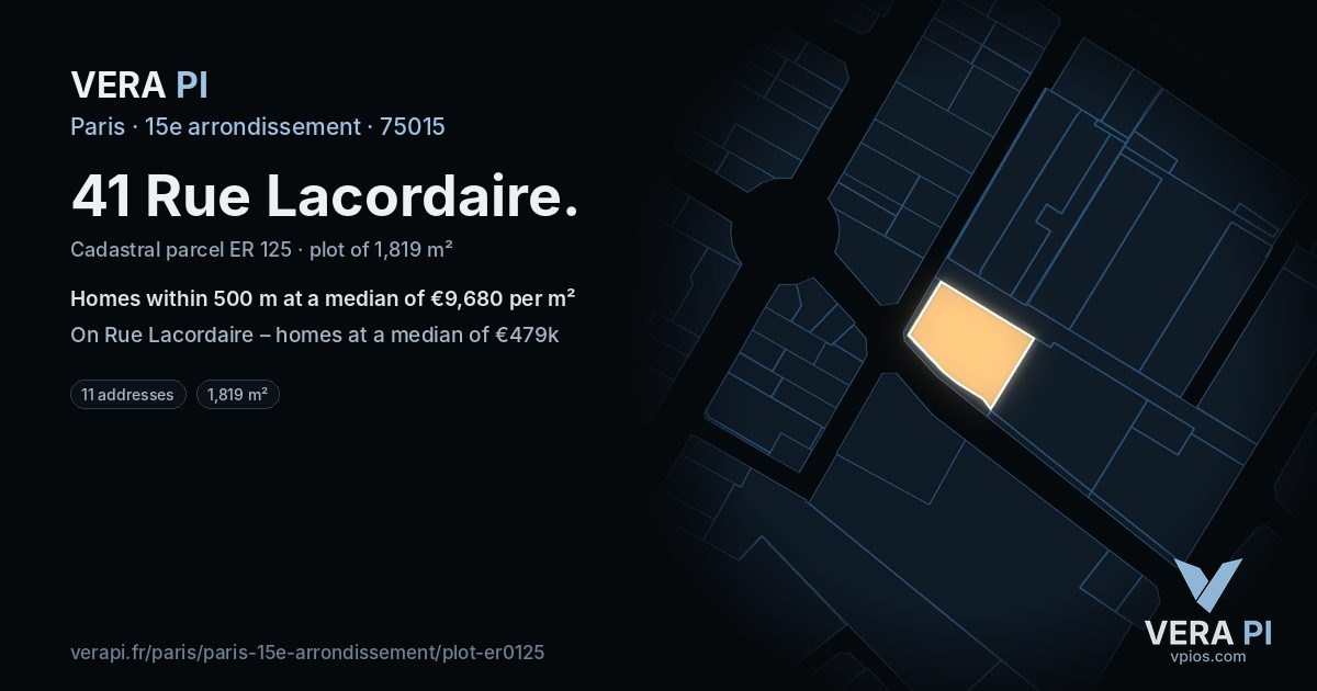 41 Rue Lacordaire, 15e arrondissement at night – the plot lit, the parcels around coloured by the prices near them