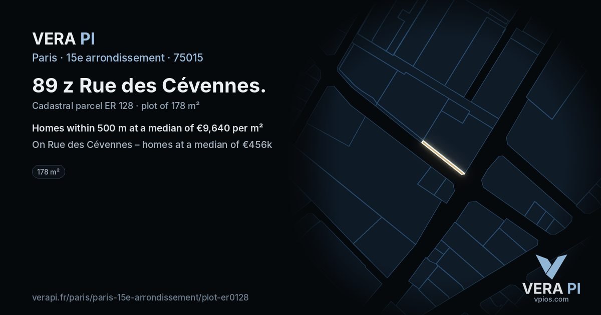 89 z Rue des Cévennes, 15e arrondissement at night – the plot lit, the parcels around coloured by the prices near them