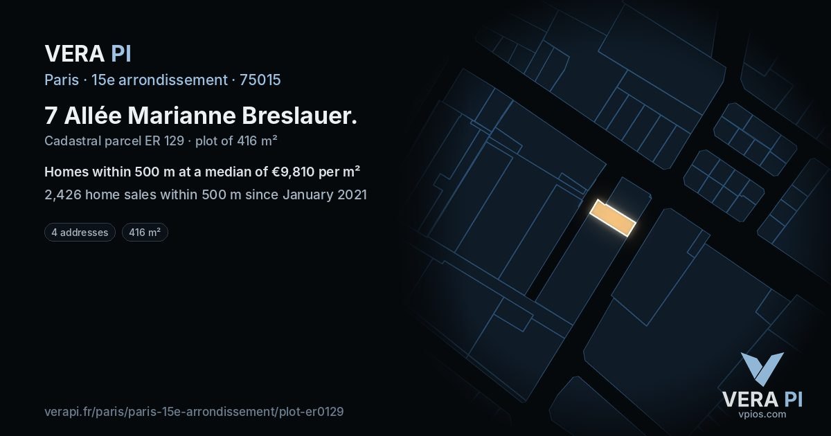 7 Allée Marianne Breslauer, 15e arrondissement at night – the plot lit, the parcels around coloured by the prices near them