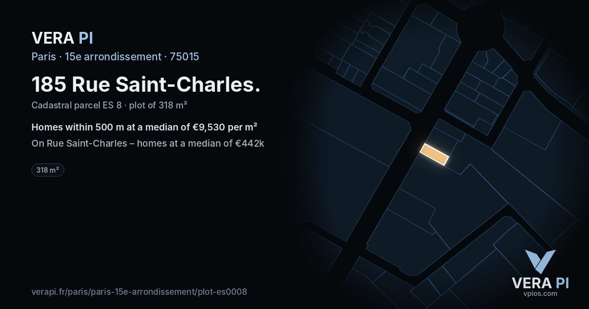 185 Rue Saint-Charles, 15e arrondissement at night – the plot lit, the parcels around coloured by the prices near them