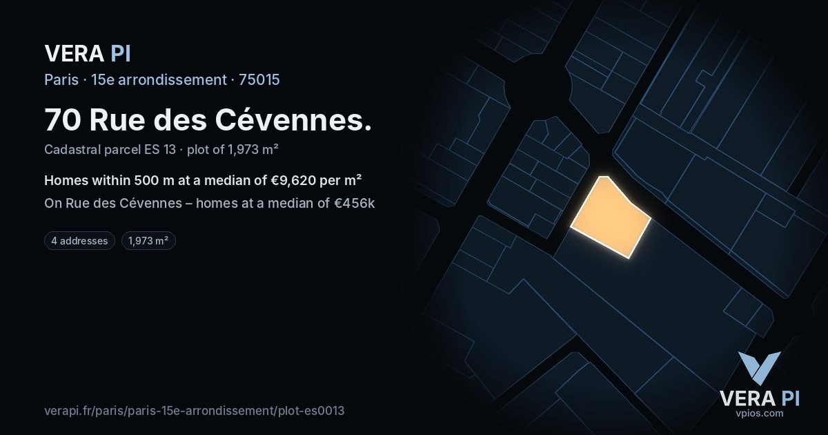 70 Rue des Cévennes, 15e arrondissement at night – the plot lit, the parcels around coloured by the prices near them