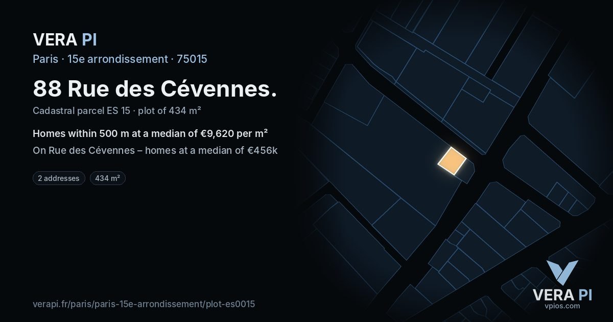 88 Rue des Cévennes, 15e arrondissement at night – the plot lit, the parcels around coloured by the prices near them